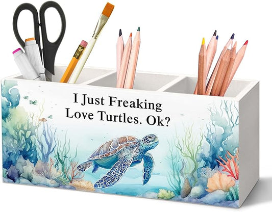 Turtle Pen Holder for Desk, Coastal Nautical Sea Animal Pencil Organizer, Turtle Gifts for Women, I Just Freaking Love Turtles Wooden Pen Holder Desk Accessories Decor for Home Office