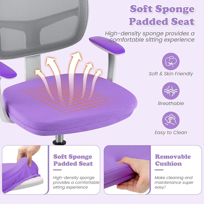 Giantex Kids Desk Chair, Ergonomic Adjustable Teen Task Chair w/Y-Shaped Lumbar Support, Armrest & Universal Wheels, Mesh Kid Office Chair for Sturdy, Kids Computer Chair for Boys Girls 4-12, Purple