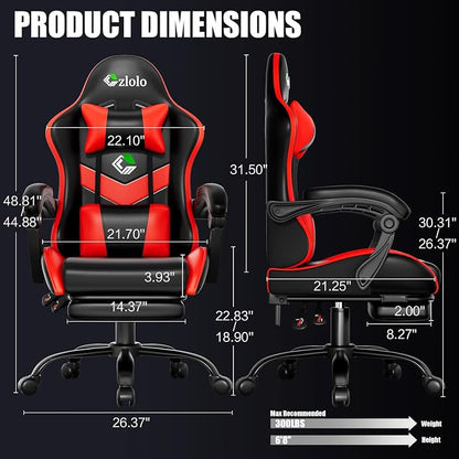 Czlolo Gaming Chair, Ergonomic Office Computer Chair with Footrest and Lumbar Support Massager Racing Style High Back Video Gamer Chair, Wide＆Thick Cushion, 90°-135° Recline, Adjustable Height, Red