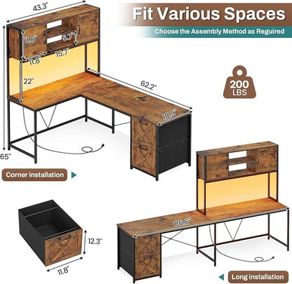 SEDETA L Shaped Desk with Drawers, 62.2" Home Office Desk with Fabric File Drawers and Power Outlet, L Shaped Desk with Hutch, Storage Shelves, LED Lights, Rustic Brown