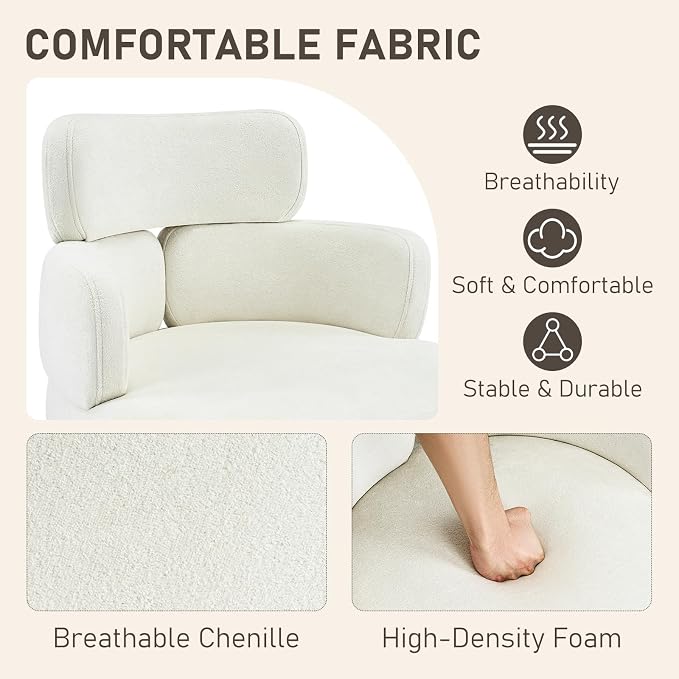 Home Office Chair with Unique Curved Back, Wide Seat Computer Desk Chair with Wheels,Swivel Tilt & Height Adjustable, Plush Chenille Fabric Matel Base for Home Office, Beige