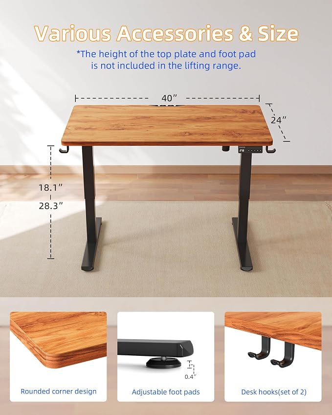 YIHAYO One-Piece Low Height Adjustable Desk, Lifts 18.1-28.3 Inches, Electric Standing Desk for Short People, 40 x 24 Inches Computer Table with Splice Board for Home Office, Rustic Brown