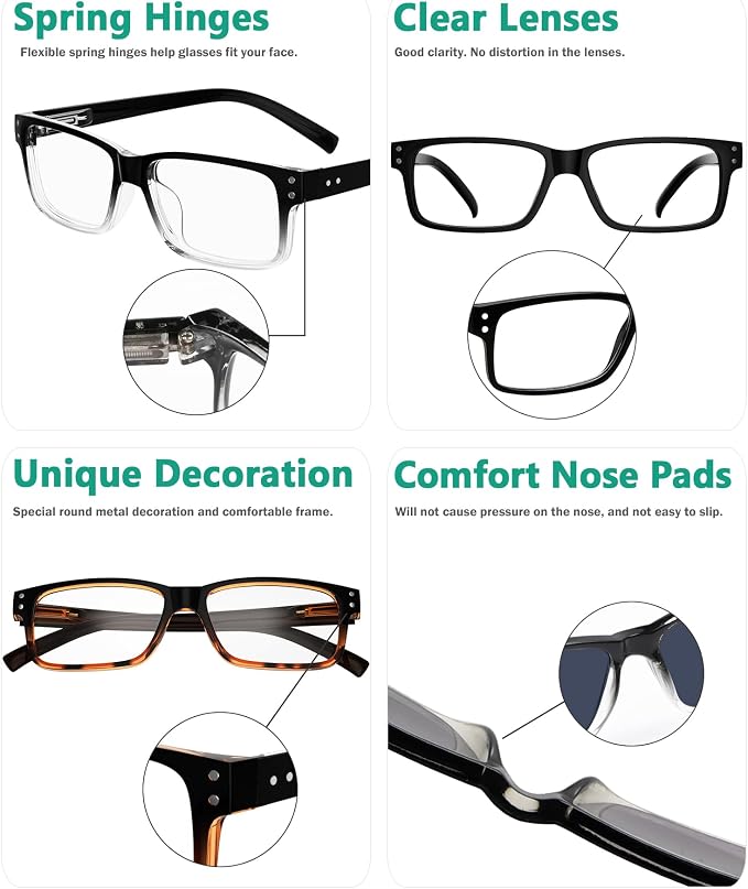 Eyekepper Men's Reading Glasses +4.00 5-Pack Includes Sunglasses | Spring Hinges - Durable Plastic Frames with Comfortable Fit & Clear Lenses, Ideal for Reading