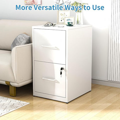 2 Drawer File Cabinet with Lock, Metal Vertical File Cabinets for Home Office, Office Furniture for Organization Hanging Legal/Letter/A4, Office File Cabinet Storage Cabinet, Require Assembly, White
