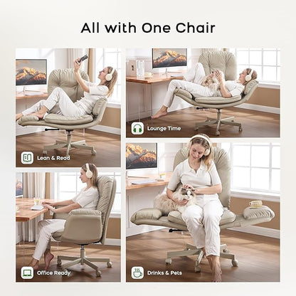 amseatec Criss Cross Office Chair with Armrests & Wheels, Recline 90/135 Lock, 400LBS Big and Tall Executive Office Chair, PU Leather Computer Desk Chair for Home & ADHD（Cream）