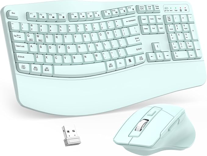 Wireless Keyboard and Mouse Combo, 2.4G Full Size Wave Keys Ergonomic Keyboard with Wrist Rest and 3-Level DPI Adjustable Wireless Ergonomic Mouse for Windows, Mac OS Desktop/Laptop/PC(Mint Green)