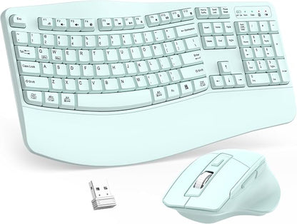 Wireless Keyboard and Mouse Combo, 2.4G Full Size Wave Keys Ergonomic Keyboard with Wrist Rest and 3-Level DPI Adjustable Wireless Ergonomic Mouse for Windows, Mac OS Desktop/Laptop/PC(Mint Green)