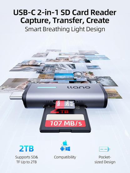 llano Micro SD Card Reader 3.0, 5Gbps 2-in-1 USB C Memory Card Reader Dual Slots for SDXC, SDHC, SD, MicroSD, UHS-I Cards, Compatible with iPhone 17/16/15, MacBook, iPad, Android, Computer