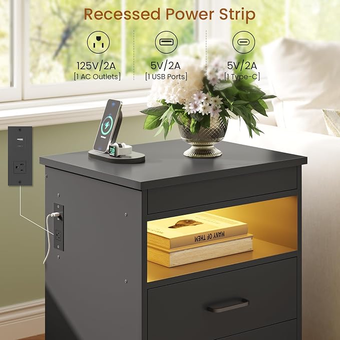 DICTAC Nightstand with Charging Station and LED Lights, Bedside Table with Lockable Sliding Desktop, Modern Night Stand with Storage Drawers and Open Shelf, End Side Table for Bedroom, Home Office