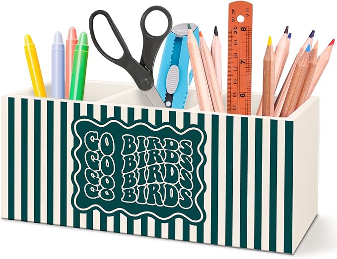 Football Fan Gifts Wooden Pen Pencil Holder for Office Desk Accessories, Gifts for Football Lovers Players, Go Birds Makeup Brush Toothbrush Holder Organizer