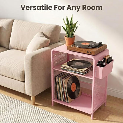 ECOLOVI 3 Tier Printer Stand for Under Desk, Height Adjustable Shelf Small Printer Table with 3 S-Hooks & Basket, Heavy Duty Industrial Storage Shelf for Home Office (Pink Metal)
