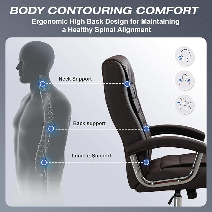Executive Office Chair Adjustable Leather Chair High Back Swivel Office Desk Chair with Padded Armrest 350lbs Load-Bearing Spring Seat Computer Desk Chair for Home Office, Brown