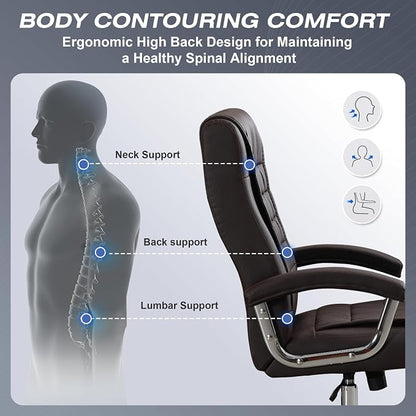 Executive Office Chair Adjustable Leather Chair High Back Swivel Office Desk Chair with Padded Armrest 350lbs Load-Bearing Spring Seat Computer Desk Chair for Home Office, Brown