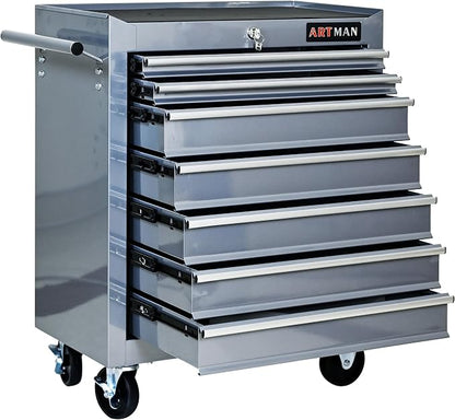 RYH 7 Drawers Rolling Tool Chest & Tool Box on Wheels | Heavy Duty Metal Cart with Ball Bearing Drawers | Fits US General Tool Box for Garage Storage (Silver, 7 Drawers（29.9" H × 24.2" W × 12.9" D)