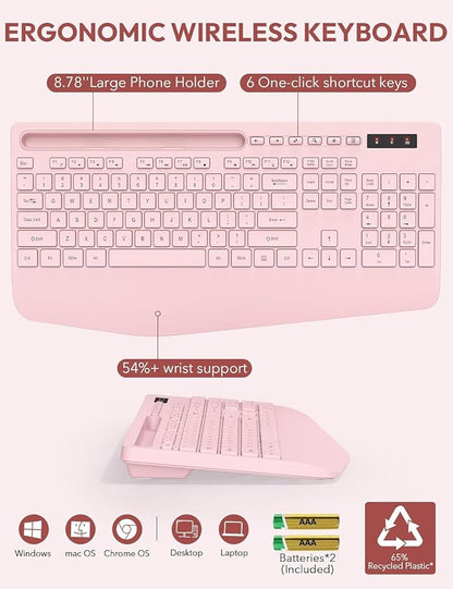 Wireless Keyboard and Mouse, Wrist Rest, Phone Holder, Batteries Included, 2.4G Lag-Free Ergonomic Keyboards Mouse Combo, KM23D Silent Keyboards Set for Computer, Laptop, PC, Windows, Pink -SABLUTE