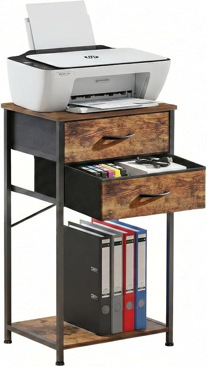 Small Printer Stand with Fabric Drawer & Storage Side Table | Sturdy compact build, works as nightstand end table & accent table. Ideal for bedroom living room & home office daily storage