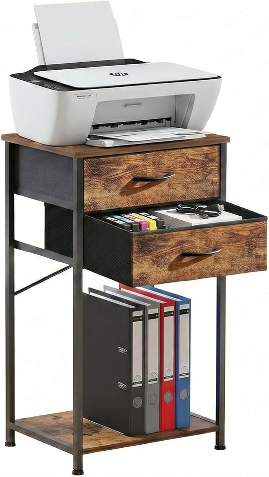 Small Printer Stand with Fabric Drawer & Storage Side Table | Sturdy compact build, works as nightstand end table & accent table. Ideal for bedroom living room & home office daily storage