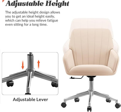 YISHENG Velvet Office Desk Chair with Silver Base, with Wheels,Modern Height Adjustable 360 Degree Swivel Upholstered Vanity Chairs with Arms for Living Room Bedroom,Khaki
