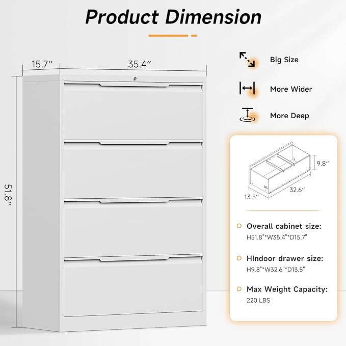 Bestoo 4 Drawer Lateral File Cabinet with Lock Heavy Duty Large Metal Filing Cabinet Home Office Cabinets Wide Steel Cabinets for Legal/Letter Size, White Assembly Required
