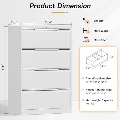 Bestoo 4 Drawer Lateral File Cabinet with Lock Heavy Duty Large Metal Filing Cabinet Home Office Cabinets Wide Steel Cabinets for Legal/Letter Size, White Assembly Required