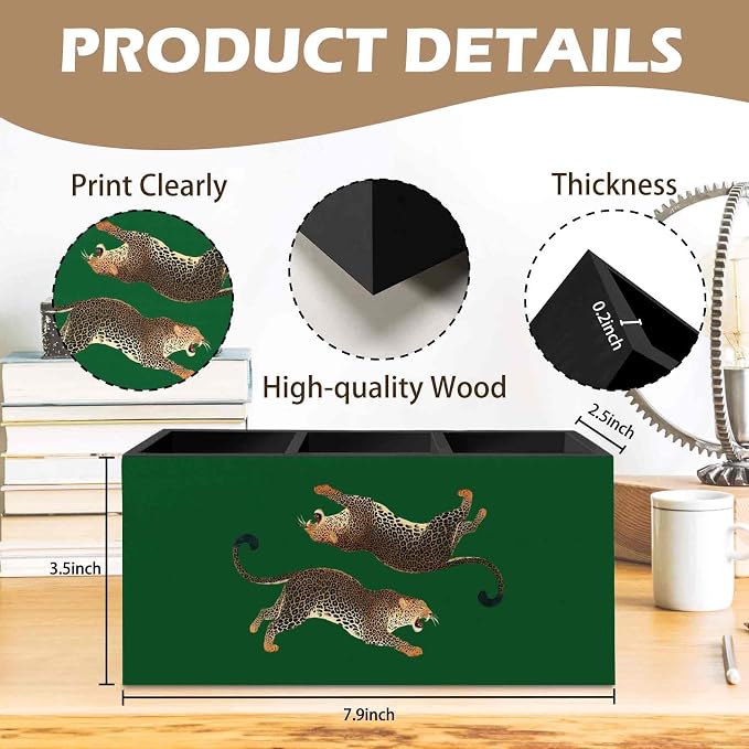 DILSJ Trendy Vintage Leopard Pen Pencil Holder Organizer for Desk, Cheetah Room Decor, Green Cheetah Print Desk Wooden Box Signs for Women Bedroom Tabletop Decoration Office & School Supplies