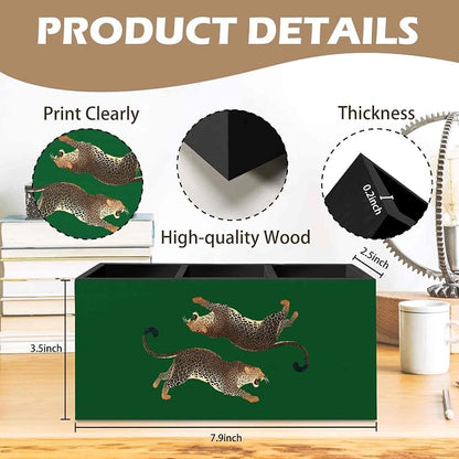 DILSJ Trendy Vintage Leopard Pen Pencil Holder Organizer for Desk, Cheetah Room Decor, Green Cheetah Print Desk Wooden Box Signs for Women Bedroom Tabletop Decoration Office & School Supplies