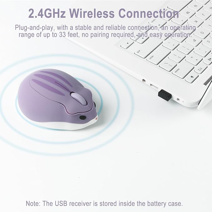 CHUYI Cute Hamster Wireless Silent Mouse Cartoon Portable Travel Mute Mouse 1200DPI Optical Cordless Quiet Animal Mice for Computer Laptop PC Gift (Purple)