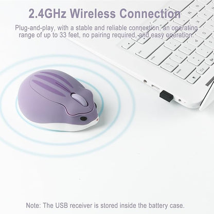 CHUYI Cute Hamster Wireless Silent Mouse Cartoon Portable Travel Mute Mouse 1200DPI Optical Cordless Quiet Animal Mice for Computer Laptop PC Gift (Purple)