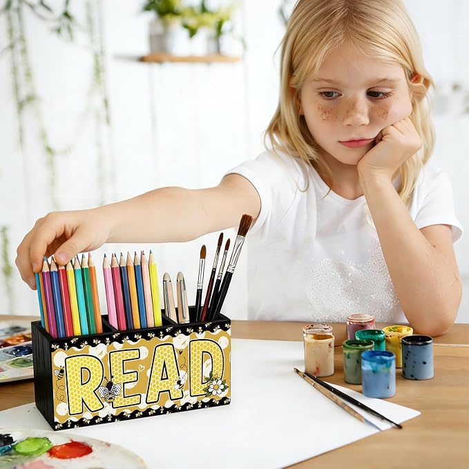Bee Read Pen Pencil Holder for Classroom Desk Accessories Decor | Teacher Bee Classroom Accessories, Bee Pen Pencil Wooden Organizer Decorations for Kids Reading Corner Room Tabletop Desk