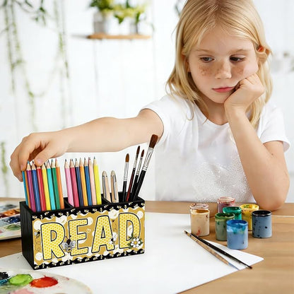 Bee Read Pen Pencil Holder for Classroom Desk Accessories Decor | Teacher Bee Classroom Accessories, Bee Pen Pencil Wooden Organizer Decorations for Kids Reading Corner Room Tabletop Desk