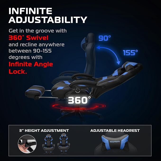 RESPAWN 110 Pro Ergonomic Gaming Chair with Footrest for Adults - Comfortable Office Gaming Recliner with Lumbar Support and Headrest, Racing Style Video Game Chairs for Computer Gamer - Blue