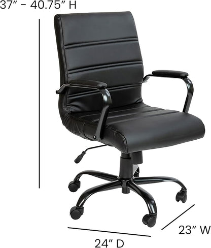 Flash Furniture Whitney Mid-Back Swivel LeatherSoft Desk Chair with Padded Seat and Armrests, Adjustable Height Padded Office Chair, Black