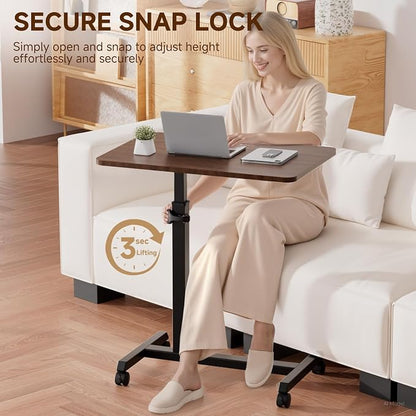 GTPLAYER Small Standing Desk, 24 Inches Foldable Mobile Rolling Laptop PC Table with Lockable Casters, Adjustable Height Overbed Bedside Table Computer Workstation for Home Office, Dark Brown-Foldable