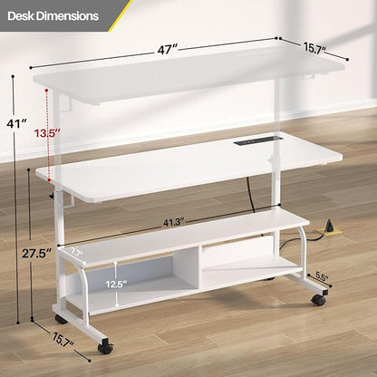 Armocity Rolling Standing Desk with Charging Station, Portable Height Adjustable Mobile Computer Desk with Wheels & 2-Tier Shelves & Hooks, Easy Assembly Laptop Table for Couch Bed, 47" White