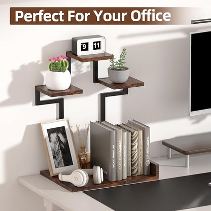 Desk Shelf Organizer, 4 Tier Small Desk Organizer, Wooden Desktop Shelf with Metal Frame, Bookshelf for Office, Kitchen, Books, Plants, Toys, Rustic Brown Black
