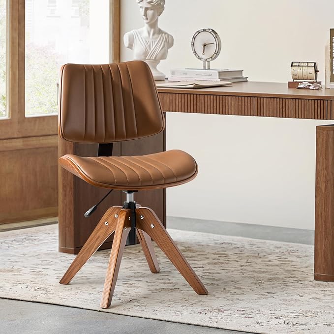 HULALA HOME Faux Leather Home Office Chair with Solid Wood Legs, 360° Swivel Desk Chair No Wheels with Bentwood Design, Mid-Century Modern Wide Seat Computer Task Chair, Camel