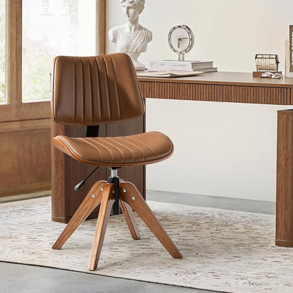 HULALA HOME Faux Leather Home Office Chair with Solid Wood Legs, 360° Swivel Desk Chair No Wheels with Bentwood Design, Mid-Century Modern Wide Seat Computer Task Chair, Camel
