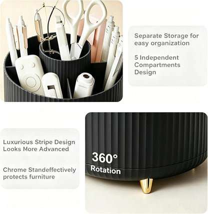 Pencil Pen Holder 5 Slots 360°Degree Rotating Pen Organizers for Desk Desktop Storage Stationery Supplies Cute Pencil Cup Pot Kids Desk Organizer for Office Home School（Black）