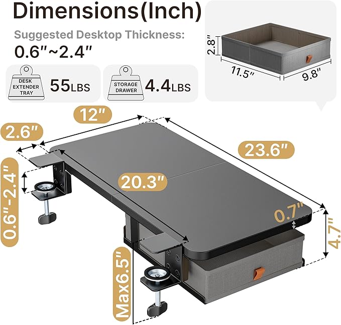 PEGZONE Desk Extender Tray, 24" x 12", with Storage Drawer, Medium, Black | Desk Extension, Clamp on Desk Shelf, Clamp on Keyboard Tray for Office and Home, Workstation Organizer
