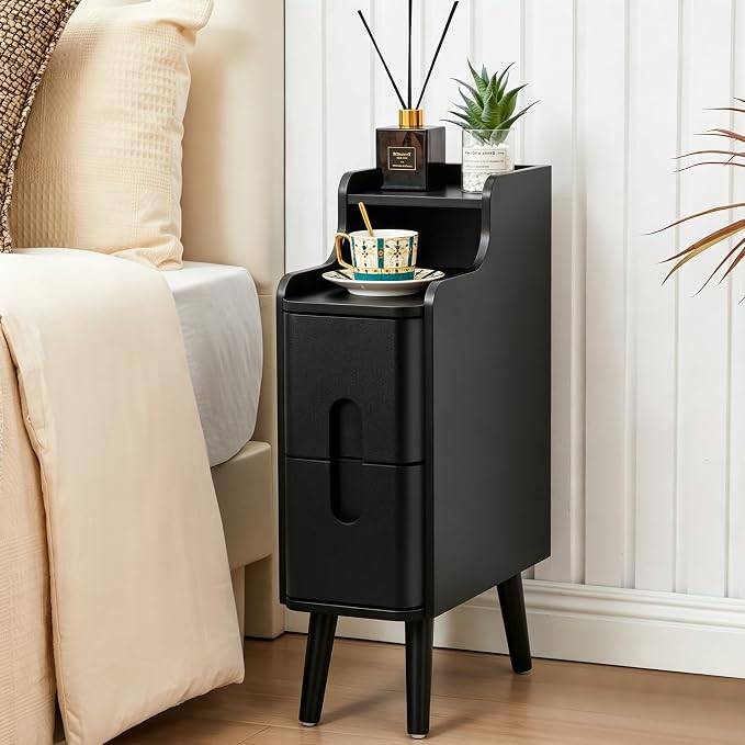 Black Narrow Nightstand, Wood 2 Drawer Small Nightstand, Slim Side Table, Modern Skinny End Bedside Table, Wood Night Stand with Drawers for Bedroom (Black-1 pc)