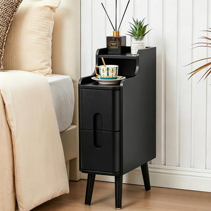 Black Narrow Nightstand, Wood 2 Drawer Small Nightstand, Slim Side Table, Modern Skinny End Bedside Table, Wood Night Stand with Drawers for Bedroom (Black-1 pc)