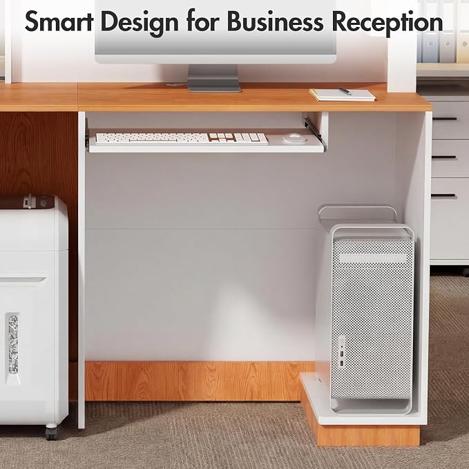 Kikihouse Modern Reception Desk with LED, 63” Fluted Front Desk with Lockable Drawer, Cabinet and Sliding Tray, Large Reception Counter Table for Office Lobby Nail Salon Clinic (Red Oak)