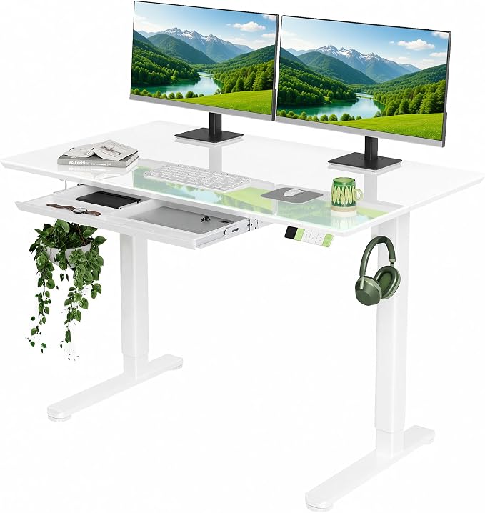 INNOVAR INNVAR Glass Standing Desk with Drawers, 48×24 Inch Adjustable Stand Up Desk Quick Install Home Office Computer Desk, Super White