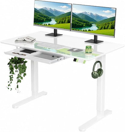 INNOVAR INNVAR Glass Standing Desk with Drawers, 48×24 Inch Adjustable Stand Up Desk Quick Install Home Office Computer Desk, Super White