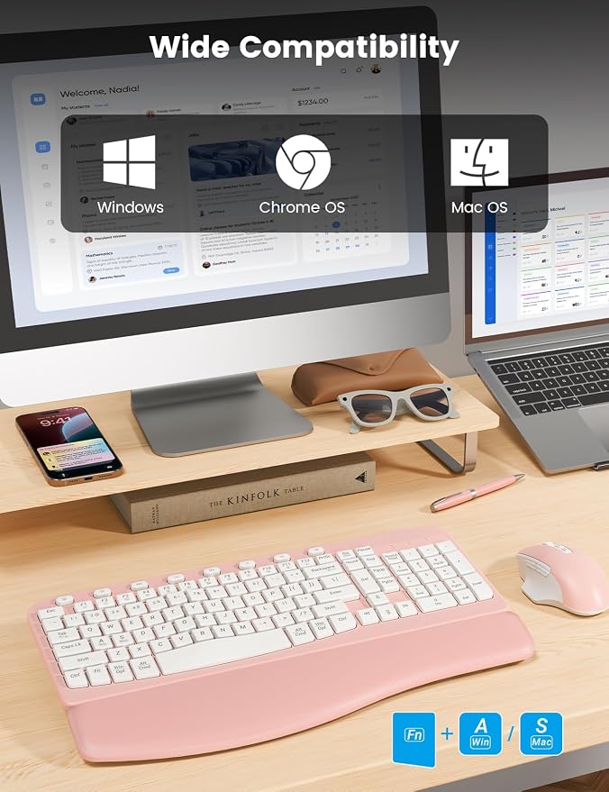 SABLUTE Wireless Keyboard and Mouse Combo, Ergonomic Wave Keys, Cushioned Plam Rest, Comfortable Silent Natural Typing, 2.4G Lag-Free, MA12 Full Size Keyboards Set for Multi-OS, Windows/Mac, Pink