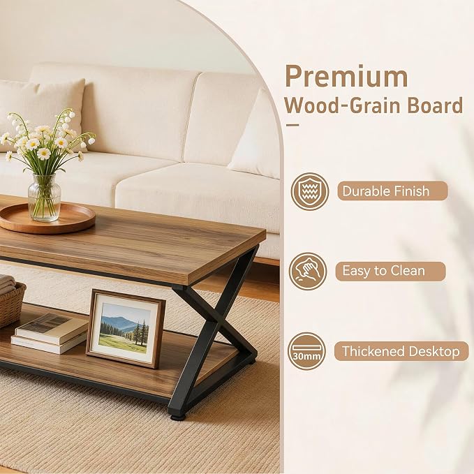 Coffee Table with Storage, 2 Tier Farmhouse Center Table, Rectangle Cocktail Tea Table for Living Room Bedroom, Rustic Brown,39Inch