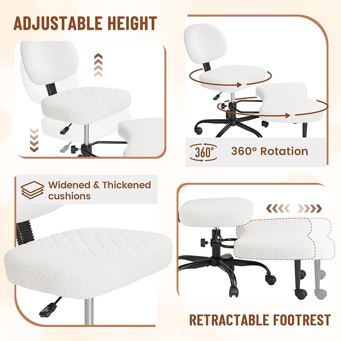 Homall Ergonomic Cross Legged Office Desk Chair with Wheels, 360° Swivel and Adjustable Height for Meditation and ADHD,Criss Cross Kneeling Chair with Lumbar Support (Teddy Fabric, White)