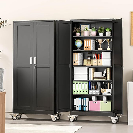 pozdeg 75" Metal Garage Storage Cabinets with Wheels, Lockable Rolling File Cabinets with 2 Doors and 5 Adjustable Shelves, Steel Tool Organizer Locker for Office Home Garage Gym School, Black