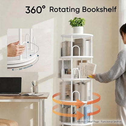 6 Tier Rotating Bookshelf Tower, Standing Tall Corner Wood, White Metal Modern Book Shelf Organizer Retro Vintage Rustic Modern Large Bookshelf Book Display Furniture for Your Home, Office, Kids