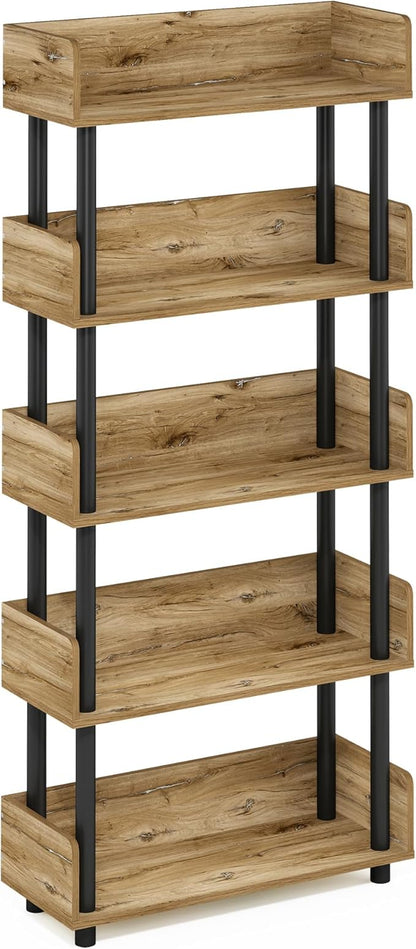 Furinno TURN-N-TUBE 5-Tier Display Shelf, Storage Shelves, Book Shelf, Open Shelves with Rounded Corner Top Edges, for Organization and Storage, Living Room, Home Office, Flagstaff Oak